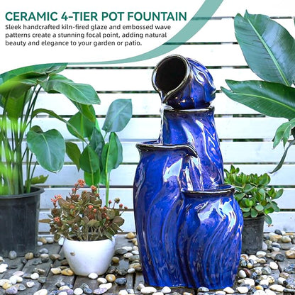 29" Ceramic Water Fountain Outdoor, 4-Tier LED Cascading Waterfall | Dynamic Wave-Texture Garden Fountain with Lights, Serene Relaxing Water Feature for Patio Backyard Decor, Cobalt Blue Glaze