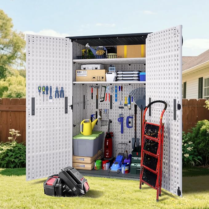 Greesum Outdoor Storage Cabinet Without Shelves, 50 cu.ft Outdoor Waterproof Storage Shed for Garden Tools, Garbage Cans, Pool Storage, White