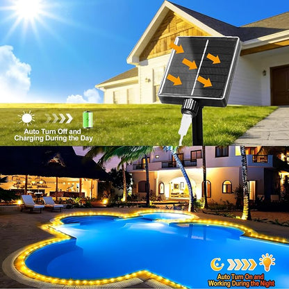 KNONEW Solar Rope Lights Outdoor 2 Packs Total 600LED 100FT Solar String Light Outside Waterproof with 8 Modes Clear Thin Tube for Pool Patio Garden Fence Camping Yard Deck Trampoline（Warm White）
