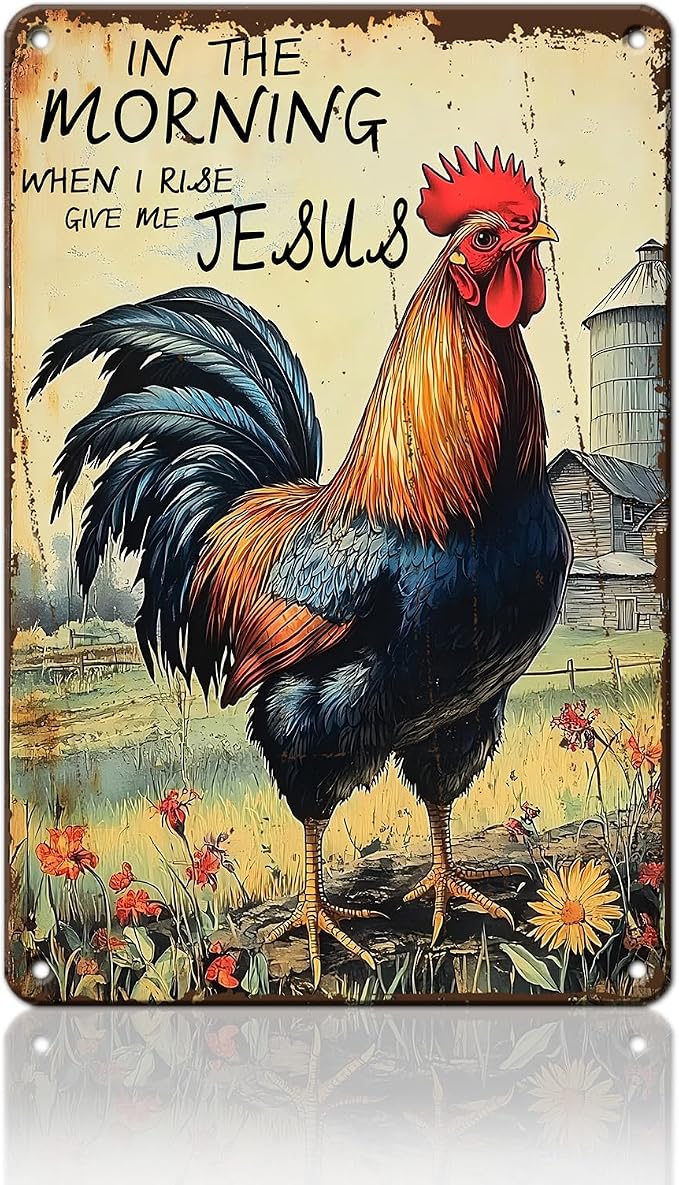 PEACHGARDEN Rooster Decor Chicken Coop Metal Sign Rooster Crowing - In The Morning When I Rise Give Me - Farmhouse Wall Art Decor for Garden Kitchen Yard Farm 8X12inch