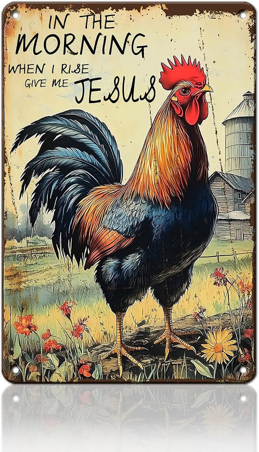 PEACHGARDEN Rooster Decor Chicken Coop Metal Sign Rooster Crowing - In The Morning When I Rise Give Me - Farmhouse Wall Art Decor for Garden Kitchen Yard Farm 8X12inch