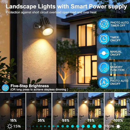 Plug and Play Low Voltage Landscape Lighting Kit, 6-Pack Wired Landscape Lights with Smart Transformer, Warm White Waterproof Outdoor LED SpotLights for Yard, Garden, Pathway, Tree