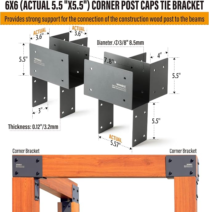 4 Pack 4x6 (Actual 3.5"x5.5") Heavy Duty Stainless Steel Pergola Brackets - Corner Post to Beam Connector for Gazebos, Patio Decks, Porches - Wood Post Cap Tie Bracket (Dark Gray)