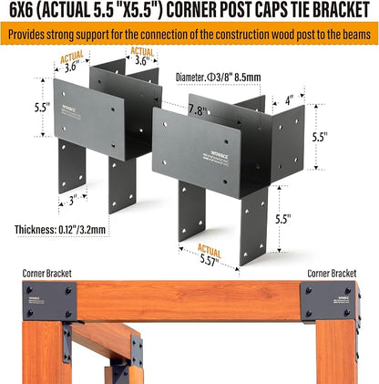 2 Pack 4x6 (Actual 3.5"x5.5") Heavy Duty Stainless Steel Pergola Brackets - Corner Post to Beam Connector for Gazebos, Patio Decks, Porches - Wood Post Cap Tie Bracket (Dark Gray)