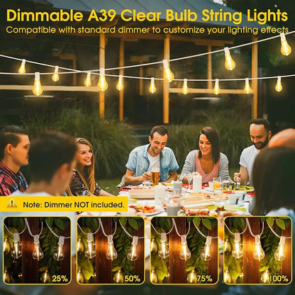 Larkvue 100FT Outdoor String Lights, LED Patio Lights with 32 Waterproof Shatterproof Dimmable A39 Hanging Bulbs(2 Spare) for Garden Wedding-White