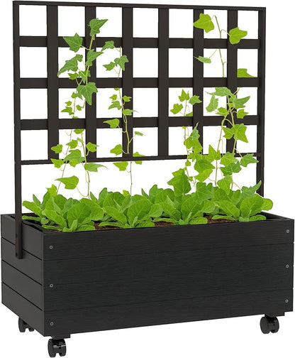 Outsunny Raised Garden Bed with Trellis and Wheels, Outdoor Wooden Elevated Planter Box, Freestanding Raised Flower Bed for Climbing Plants, Flowers, Herbs and Vegetables