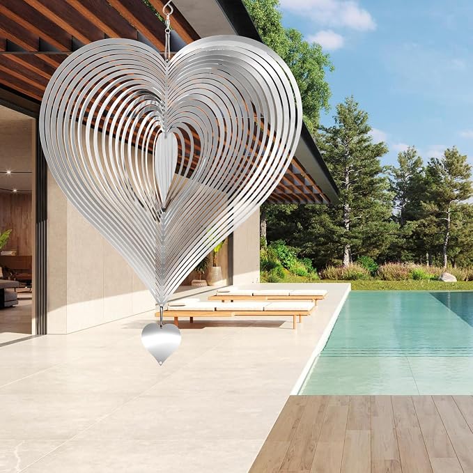 Stainless Steel Wind Spinners Outdoor Garden Decor, Gifts for Women Mom, 3D Metal Reflective Bird Devices Deterrent to Keep Scare Woodpecker Pigeon Away Outside Patio Yard House (Silver Heart,12 Inch)