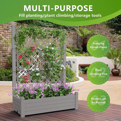 PatioZen Raised Garden Bed with Trellis for Climbing Plants, 43.43" L x 18.27" W x 59.29" H Self Watering Planter Box with Drainage Holes for Outdoor Backyard Patio Balcony, Anti-Rust Resin (Grey)