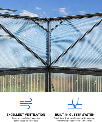 12x12 FT T-Shape Greenhouses, Polycarbonate Green House with UV Protection, Heavy Duty Greenhouse with Windproof Aluminum Frame, Roof Vent & Quick-Install Design for Backyard or Garden Use