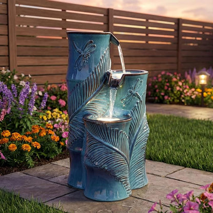 Autodaya Ceramic Outdoor Water Fountain with Lights, Turquoise Bamboo-Style | 3-Tier Cascading Waterfall, Natural Water Feature with Tropical Leaf, Dragonfly Texture, Soothing Oasis for Garden Patio Yard