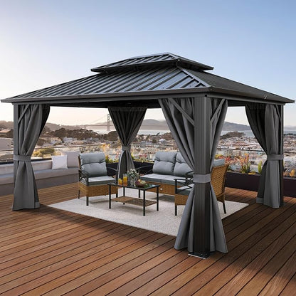 YITAHOME 10x12ft Hardtop Gazebo with Nettings and Curtains Heavy Duty | Double Roof Galvanized Steel Outdoor Combined of Vertical Stripes Roof for Patio, Backyard, Deck, Lawns, Gray