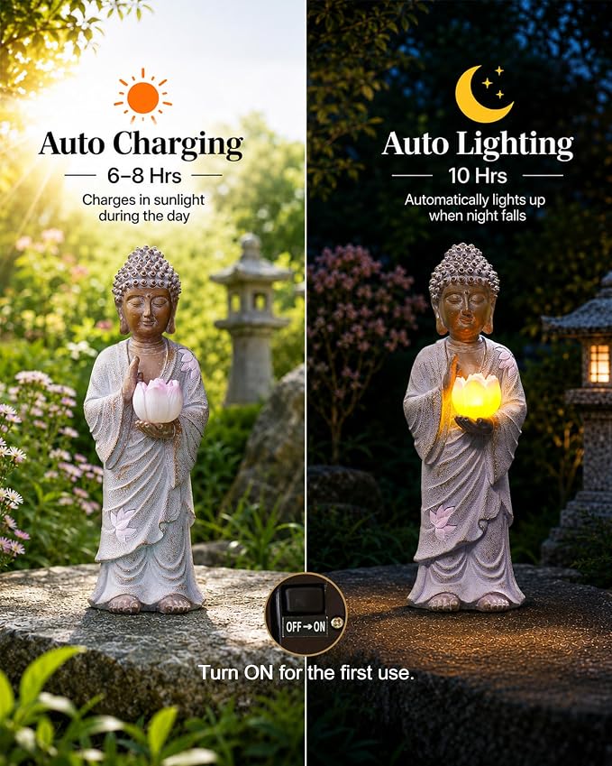 Nacome Solar Buddha Garden Statue Decor: Standing Resin Figurine with Lotus Flower Light Zen Sculpture for Patio Lawn Yard Porch Balcony Meditation Space - 11 inches(White)