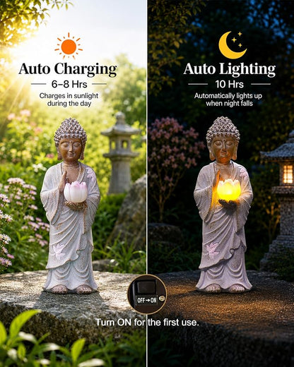Nacome Solar Buddha Garden Statue Decor: Standing Resin Figurine with Lotus Flower Light Zen Sculpture for Patio Lawn Yard Porch Balcony Meditation Space - 11 inches(White)