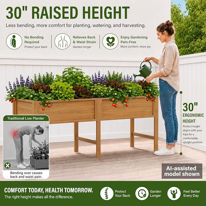 YEFU 72" Large Raised Garden Bed, Wood-Look HIPS 6ft Extra Large Bed, Teak | Extra Large Garden Bed for Backyard Growing, 6ft Design, Wood-Look HIPS, Drainage, 770 lbs High Capacity Support