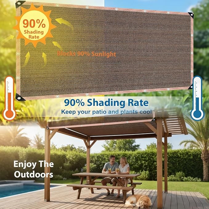 90% Outdoor Sun Shade Cloth, 8 x 10 FT Pergola Shade Cover with Grommets, Privacy Screen Sunshades for Patio Garden Backyard Plant, Mocha