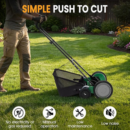 Goplus 18 Inch Push Reel Lawn Mower, 5-Blade Manganese Steel Manual Grass Cutter, 4-Position Adjustable Height, Removable Grass Catcher, Quiet No-Motor Walk-Behind Mower for Yard, Lightweight