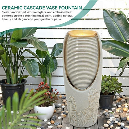 Autodaya 32"H Jar Ceramic Outdoor Water Fountain, Sand Beige Foilage Design | Artisan high-fired ceramic, warm LED ambient lighting, upgraded pump, soothing cascading water feature for garden patio yard
