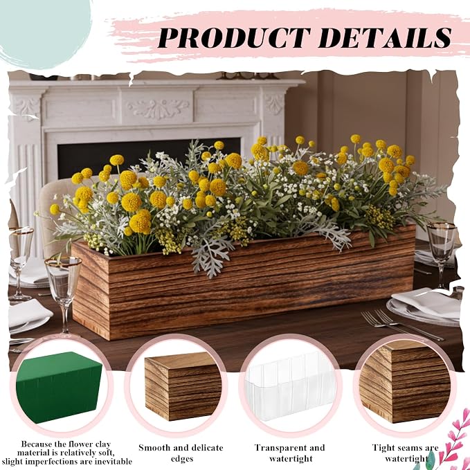 Dandat 4 Set Wood Boxes for Centerpieces 16x4 Inch Rectangle Wooden Planter Box Rustic Wood Planter with Removable Plastic Liner Floral Foam Blocks for Centerpieces Home Wedding Garden Decor