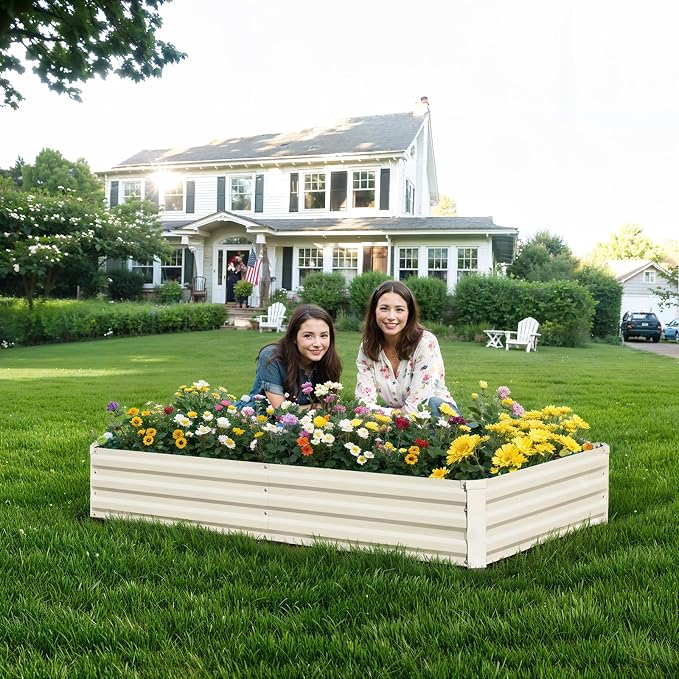 Raised Garden Bed Beige, 6x3x1ft Galvanized Raised Garden Bed Outdoor Metal for Gardening Vegetables Flower Garden Planter Box Large Raised Bed with Gloves and 3ftx30ft Weed Barrier Fabric