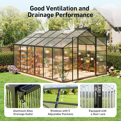 10x12FT Green Houses for Outside with Hygrometer, Double-Door Polycarbonate Greenhouse with Drainage Channel, Large Heavy Duty Greenhouse with Aluminum Frame, Roof Vent for Backyard or Garden Use