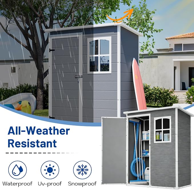 PVWIIK 5x3 ft Resin Outdoor Storage Shed with Floor & Window, Lockable Waterproof All-Weather Utility Shed for Garden Tools & Trash Bins, Gray-White