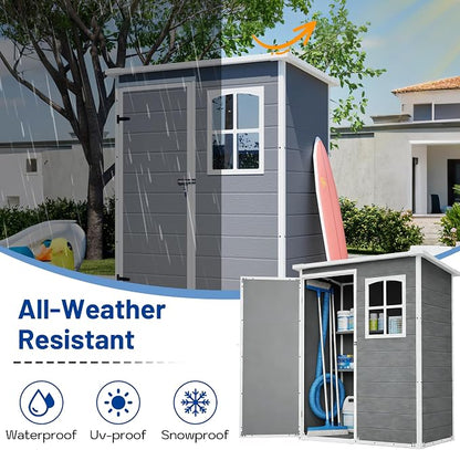 PVWIIK 5x3 ft Resin Outdoor Storage Shed with Floor & Window, Lockable Waterproof All-Weather Utility Shed for Garden Tools & Trash Bins, Gray-White