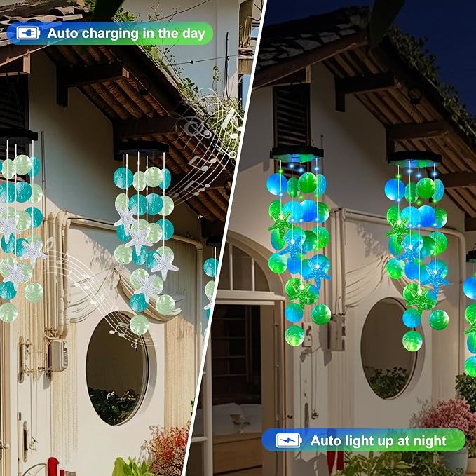 (New) Gift for Women Wife Sister Grandma Mom, Solar Wind Chimes, 2 Modes Natural Shells Outdoor Wind Chime for Garden Yard Window Decor - Blue&Green