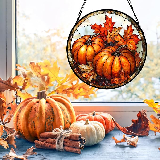 DASTOLL Stained Glass Window Hanging, Pumpkin Maple Leaf Suncatcher for Doors Home Sun Catchers Decoration and Christmas, Mother's Day Birthday Gifts for Women, Men, and Mom 7.8 in