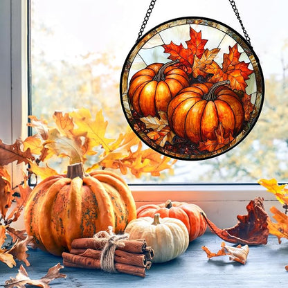 DASTOLL Stained Glass Window Hanging, Pumpkin Maple Leaf Suncatcher for Doors Home Sun Catchers Decoration and Christmas, Mother's Day Birthday Gifts for Women, Men, and Mom 6.3 in