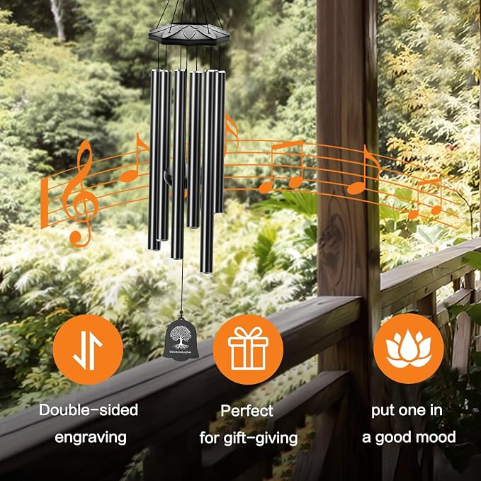 6 Tubes 32" Wind Chimes for Outside, Blessing Decor Wind Chimes, Outdoor Patio Yard Garden Decoration, Perfect Retirement Mothers Day Birthday Gift for Mom, Women, Grandma, Neighbors Black