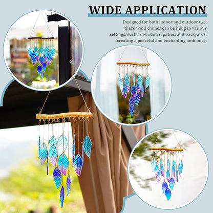 YU FENG 12.5 Inch Handmade Stained Glass Leaf Wind Chimes Window Decor | Unique Glass Chimes, Indoor Outdoor Hanging Ornament, Leaf Pattern Decoration for Patio Backyard Home