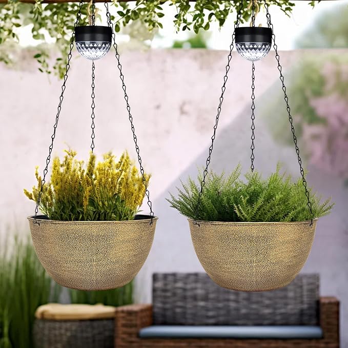 SUNNYPARK 2 Pack Solar Hanging Planters for Plants Outdoor | Self Watering, Copper Flower Pots with Solar Light, Hanging Garden Planters with Drainer for Balcony Patio Outdoor Decor