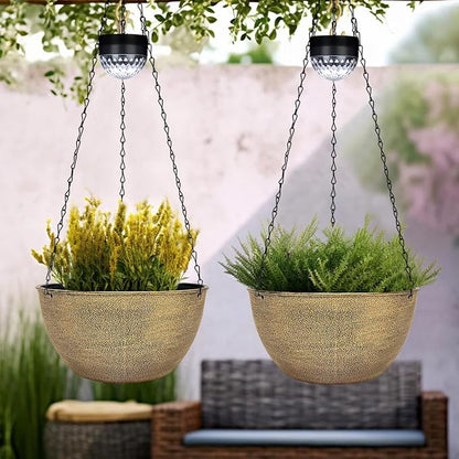 SUNNYPARK 2 Pack Solar Hanging Planters for Plants Outdoor | Self Watering, Copper Flower Pots with Solar Light, Hanging Garden Planters with Drainer for Balcony Patio Outdoor Decor