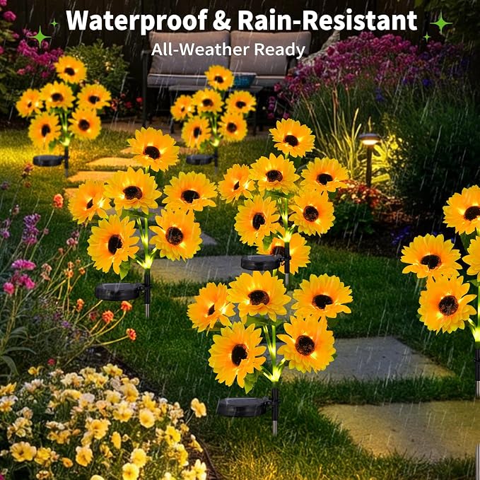 4-Pack Solar Sunflower Garden Decor, 24 LED Flower Stake Lights - Waterproof Long-Lasting Outdoor Solar Patio Decor for Lawn, Yard & Pathway