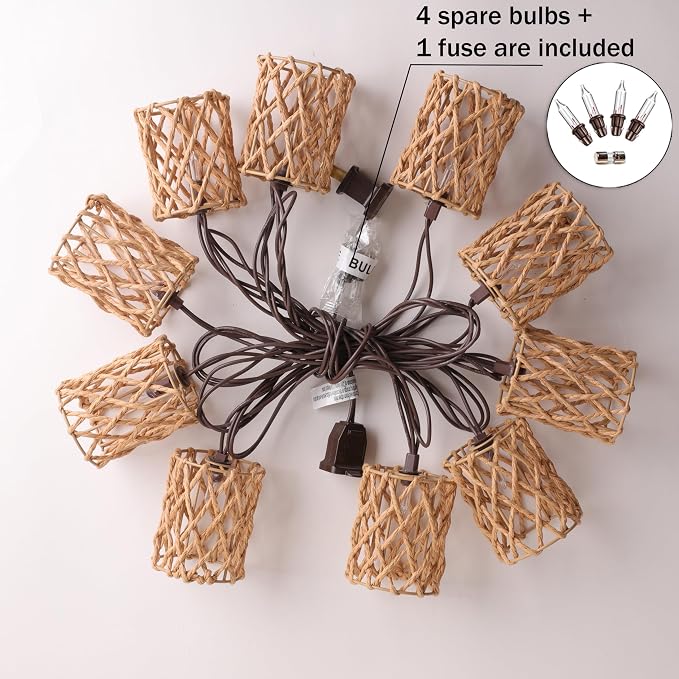 Decorative String Lights Plug in with 10 Incandescent Bulbs, Handwoven Rattan Cylinder-shaped Boho Lantern String Lights Connectable Weatherproof Outdoor Indoor for Bedroom Patio Pergola Decor (Beige)