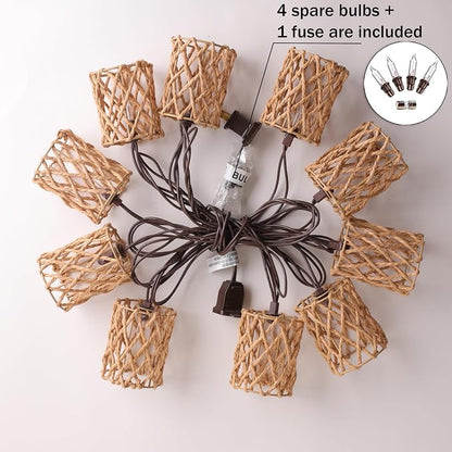 Decorative String Lights Plug in with 10 Incandescent Bulbs, Handwoven Rattan Cylinder-shaped Boho Lantern String Lights Connectable Weatherproof Outdoor Indoor for Bedroom Patio Pergola Decor (Beige)