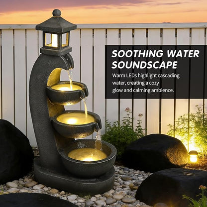 35.4" Outdoor Water Fountain, 3 Tier Bowl Cascading Freestanding Water Fountain, Lantern Style Garden Water Feature with LED Lights, Suitable for Patio Yard Porch Landscape, Grey
