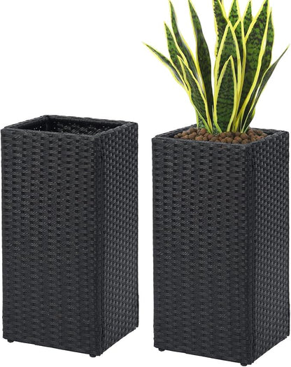 SUNNYPARK 2 Pack Tall Planters for Outdoor Rattan Square Box 12x12x24inch | All-Weather, Handmade PE Rattan, Removable Liner, Indoor Outdoor, Patio Porch Garden, Modern Design for Plants Flowers