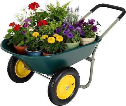 2 Wheel Wheelbarrow, Dual-Wheel Garden Dump Cart with 13" Non-Slip Pneumatic Tires & Ergonomic Padded Handle, Heavy-Duty Home Utility Yard Cart Wagon with 4.5 Cu Ft Capacity for Lawn, Gardening