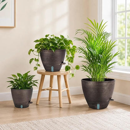 ZMTECH 12/10/8 In Self Watering Pots for Indoor/Outdoor Plants,3 Pack Bronze Large Plastic Planter with Water Level Indicator, Drainage Hole & Removable Saucer for Garden Flowers, Deco Plant Container