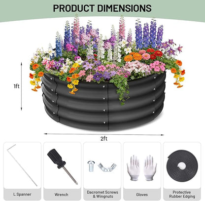 Garvee Round Raised Garden Bed, Galvanized Garden Beds, Metal Planter | 2Pcs, 2x2x1 FT, with Gloves and Rubber Edge Trim, for Vegetables, Flowers and Herbs, Dark Grey