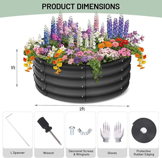 Garvee Round Raised Garden Bed, Galvanized Garden Beds, Metal Planter | 2Pcs, 2x2x1 FT, with Gloves and Rubber Edge Trim, for Vegetables, Flowers and Herbs, Dark Grey