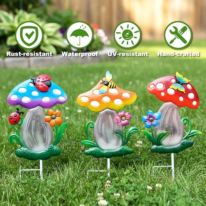 Decorative Garden Stakes, 3 Pack Mushroom Lawn Ornaments Metal Garden Stakes, Colorful Yard Art for Garden, Lawn, Porch.