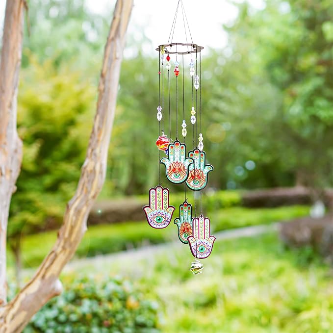 YU FENG 15 Inch Evil Eye Hamsa Wind Chimes, Outdoor Hanging Decor | Chakra Glass Beaded Design, Metal Windchime Ornament, Garden Patio Window Decoration, Spiritual Home Accent