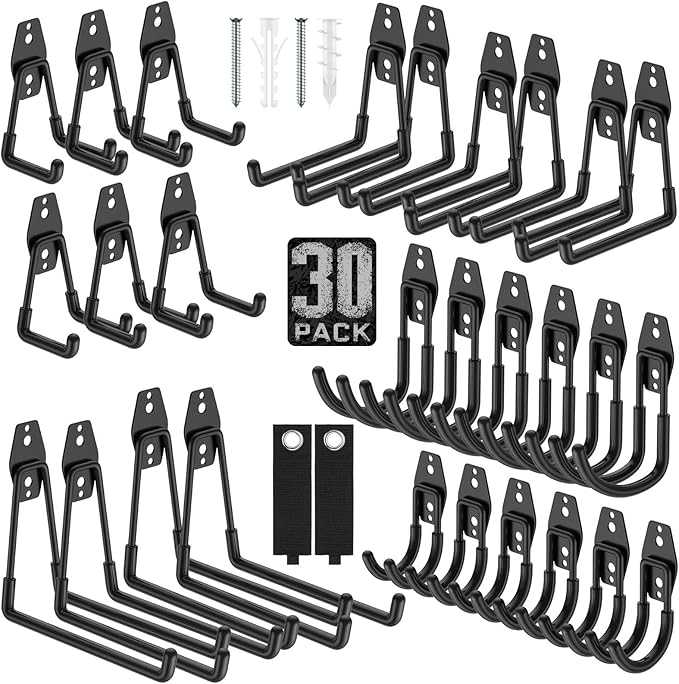 Garage Hooks, Anti-Slip Heavy Duty Wall Mount Hooks, 30-Pack | Hanging Storage for Bikes, Ladders, Hoses, Ropes, Garden Tools - For Warehouse, Workshop, Shed, Shop, Yard