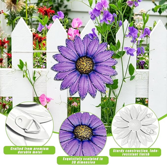 Super Ubelle 12 Pcs 3D Metal Garden Flower Wall Art Decor Kit | Outdoor Wall Art Flower Butterfly Dragonfly Ladybug Hanging Decorations for Patio Yard Backyard Balcony