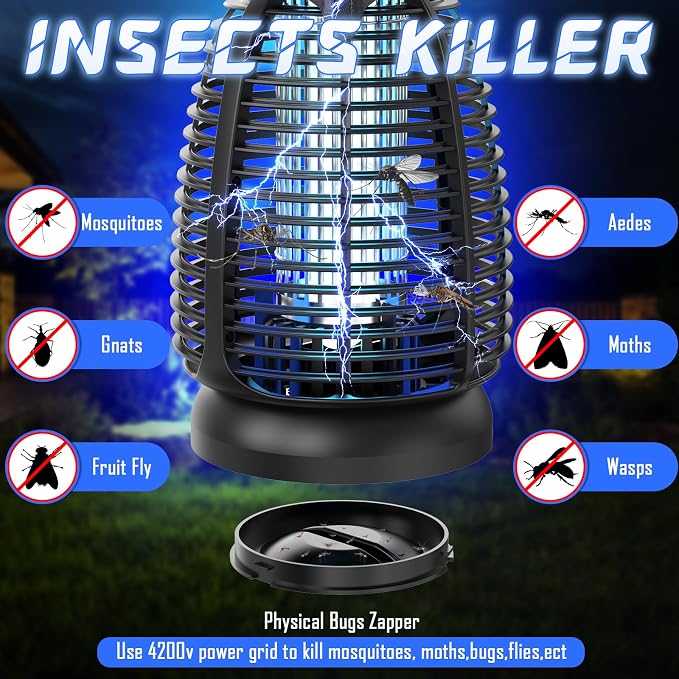 Electric Bug Zapper Outdoor, 4200V Mosquito Zapper with 20W UV Light, Plug-in Insect Killer with Removable Tray, Hanging Fly Trap for Patio, Porch, Backyard, Garage and Indoor Use