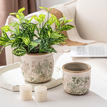 SURE YUESI Ceramic Plant Pots Set of 2, 4.7 & 5.7 Inch Vintage Indoor Planters with Drainage Hole, Farmhouse Ceramic Flower Pots for Indoor Plants, Rustic Cottage Decor for Home Kitchen Garden, Green