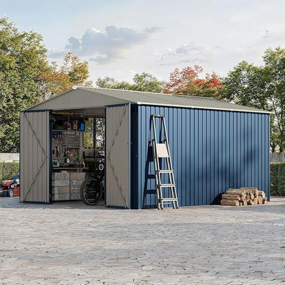 Garvee 10x12 FT Metal Storage Shed – Lockable Doors, Floor Frame, Blue | Spacious 10x12 interior – stores bikes, tools, and more.