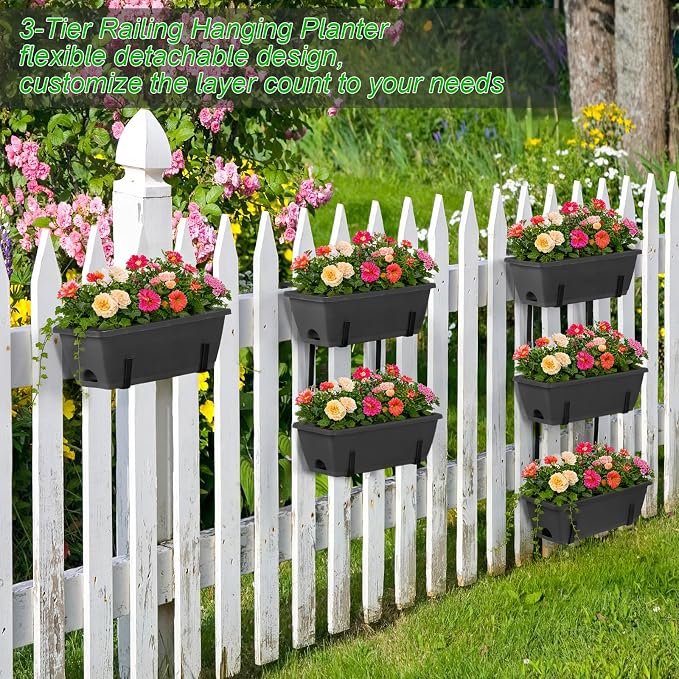 OYEAL Deck Railing Planter Boxes Set of 2 Over The Fence Planters Rail Hanging Planter Boxes with Adjustable Brackets, 6 Plastic Flower Boxes, Grey